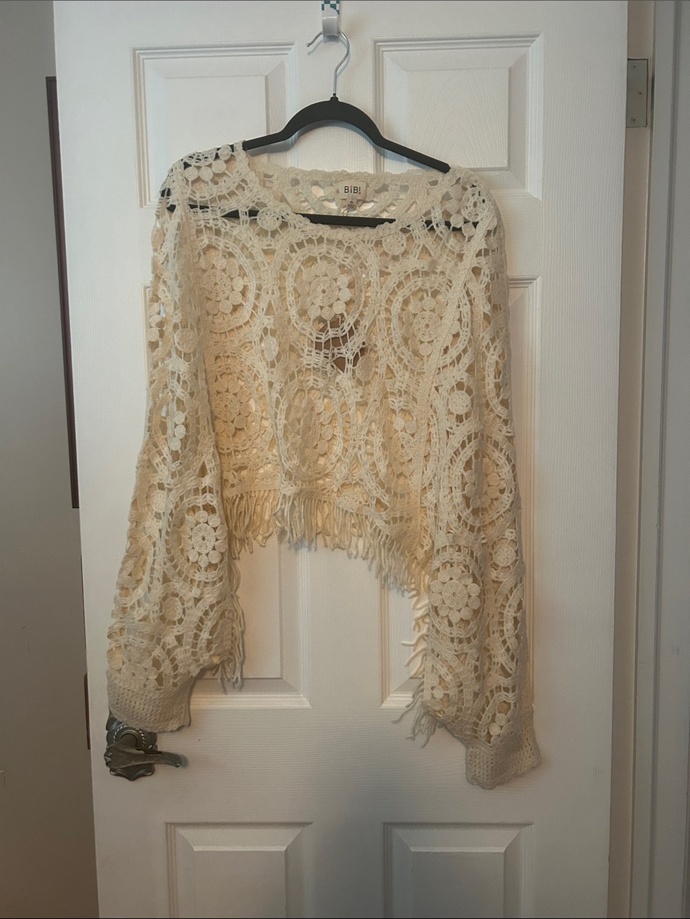 BiBi Cream Crochet Fringe Open-Knit Sweater